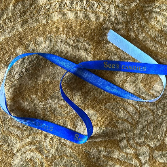 See’s Candies Blue & White Ribbon Piece W/Gold Logo / Authentic / Used Once - Picture 1 of 2